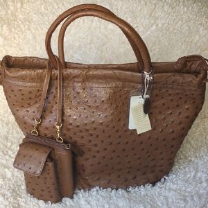 JRA Genuine Ostrich Leather Tote Handbag with Detachable Pouch